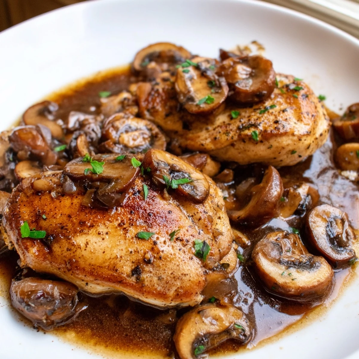Tender Dairy Free One Pan Chicken Marsala smothered in savory, wine-infused mushrooms