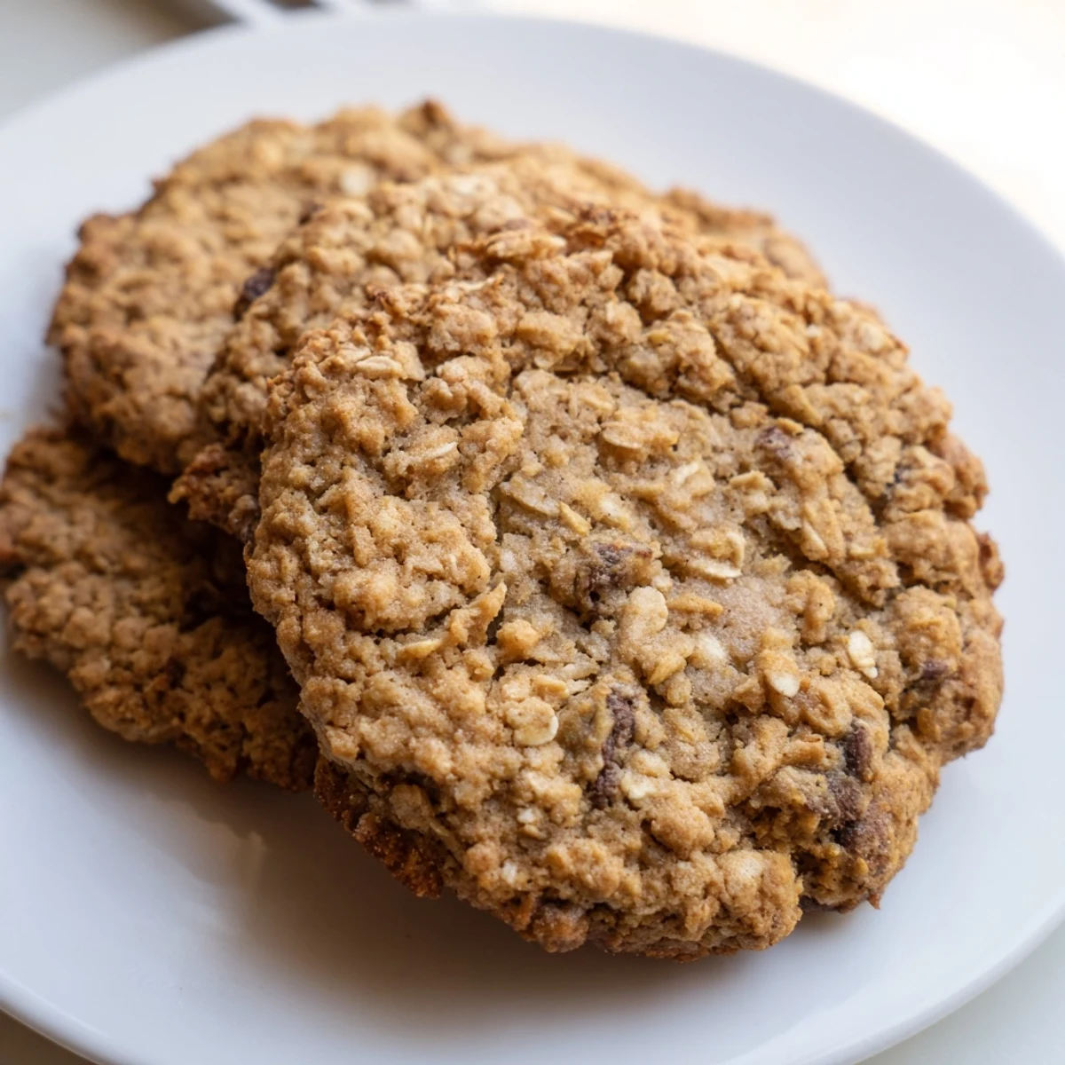 Thick banana oatmeal cookies with golden edges arranged on a white ceramic serving plate
