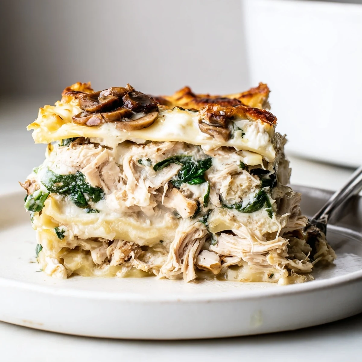 Creamy white chicken lasagna with bubbling golden cheese and tender shredded chicken layers