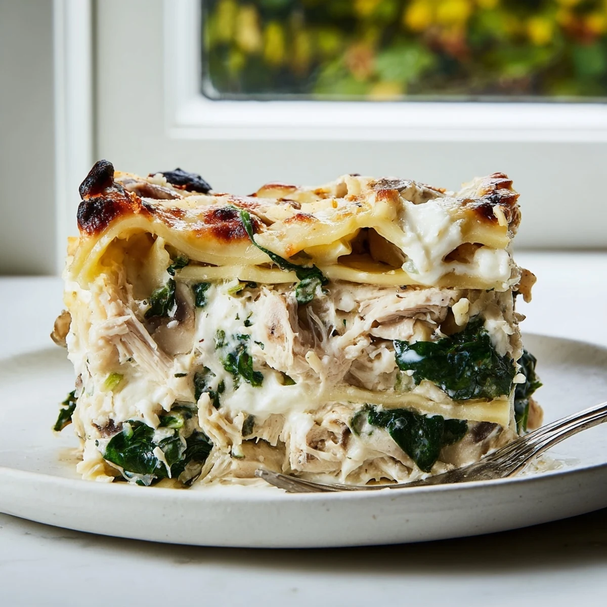 Golden baked white chicken lasagna layered with spinach mushrooms and rich creamy sauce