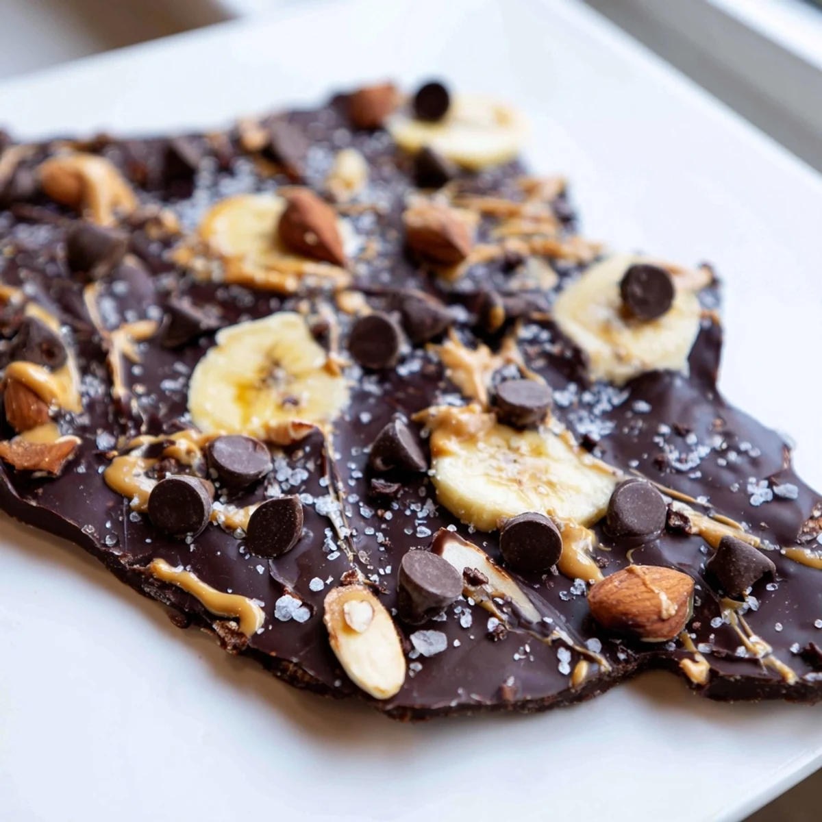 Cracked pieces of chocolate banana bark topped with roasted nuts and sea salt