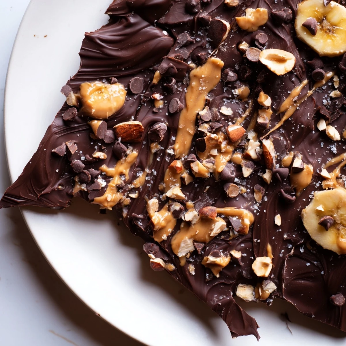 Dark chocolate banana bark drizzled with peanut butter and sprinkled with crushed almonds