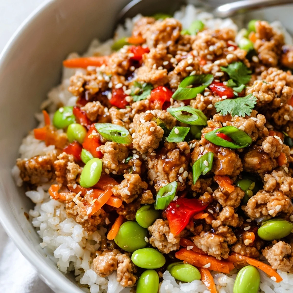 Colorful ground turkey rice bowls topped with sesame seeds, cilantro, and a drizzle of spicy sauce