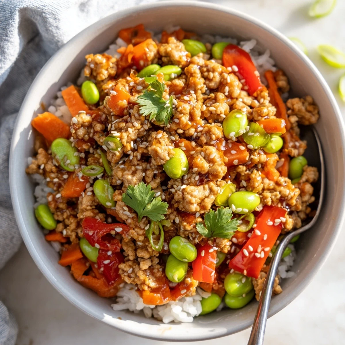 Steaming bowls of seasoned ground turkey layered over fluffy rice with vibrant bell peppers and edamame
