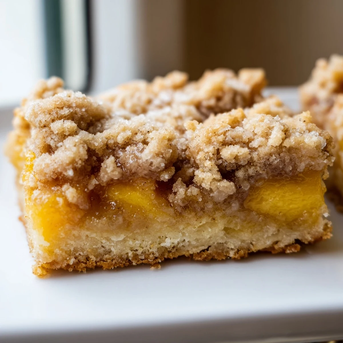Sweet and buttery peach bars with cinnamon streusel, fresh from the oven