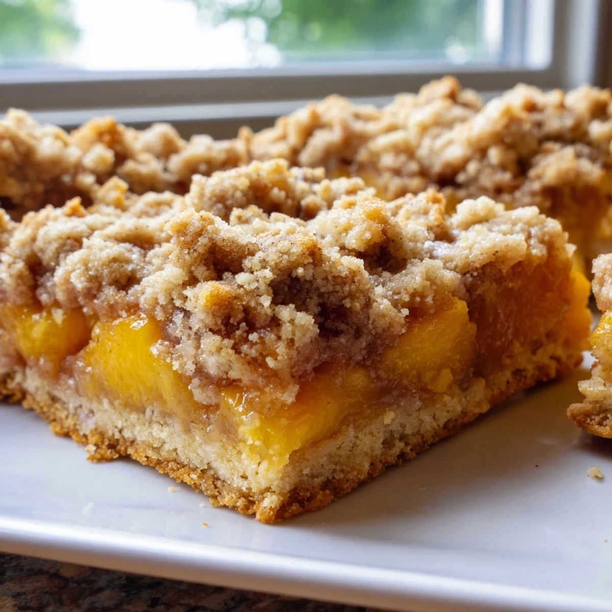Golden sweet and buttery peach bars topped with crumbly cinnamon streusel, cut into squares