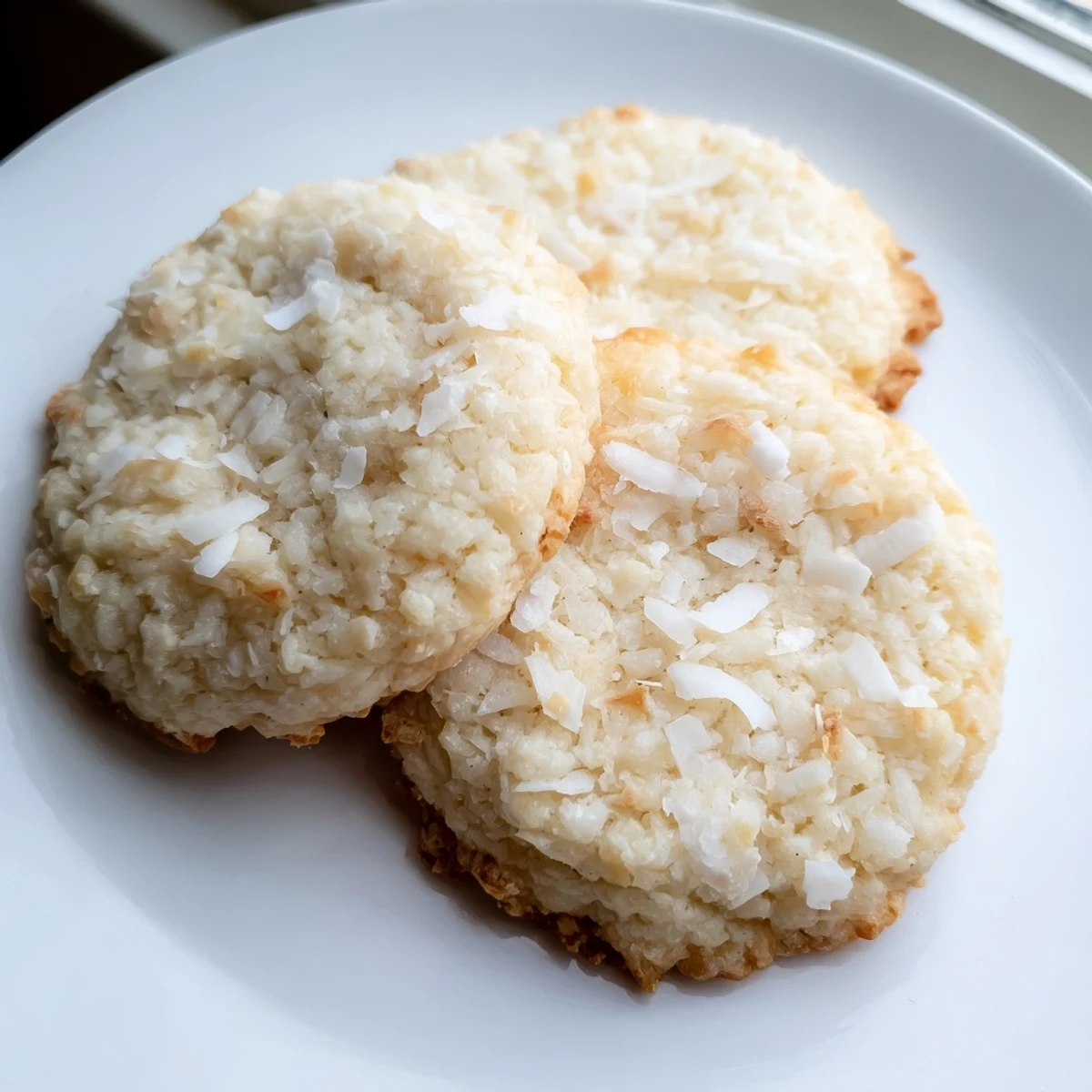 Golden coconut cookies with crispy edges and chewy centers on a cooling rack