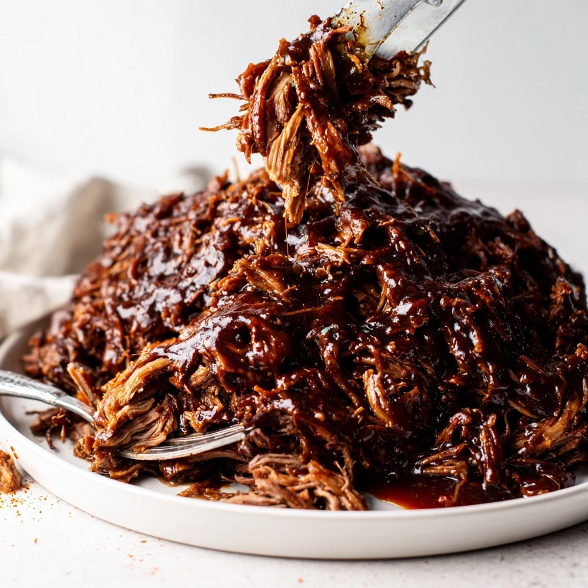 Juicy slow cooker BBQ pulled beef piled high on a toasted bun with creamy coleslaw