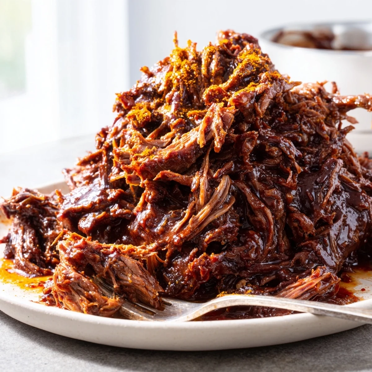 Slow cooker BBQ pulled beef shredded with forks and dripping in sweet smoky barbecue glaze