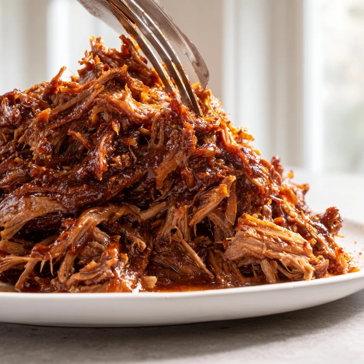 Tender slow cooker BBQ pulled beef glistening with tangy sauce in a rustic bowl