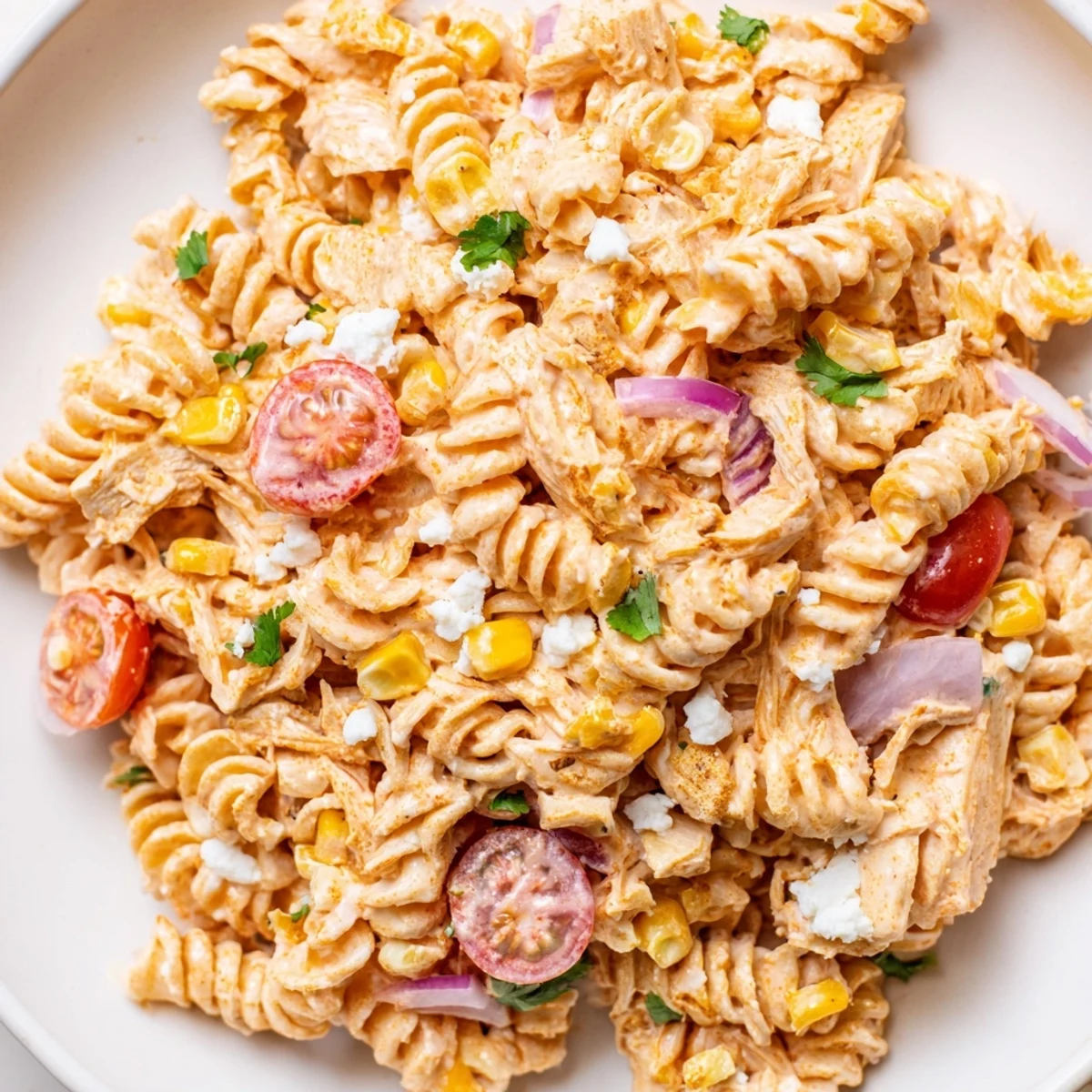 Creamy Elote Mexican Street Corn Chicken Pasta Salad topped with crushed tortilla chips and fresh cilantro