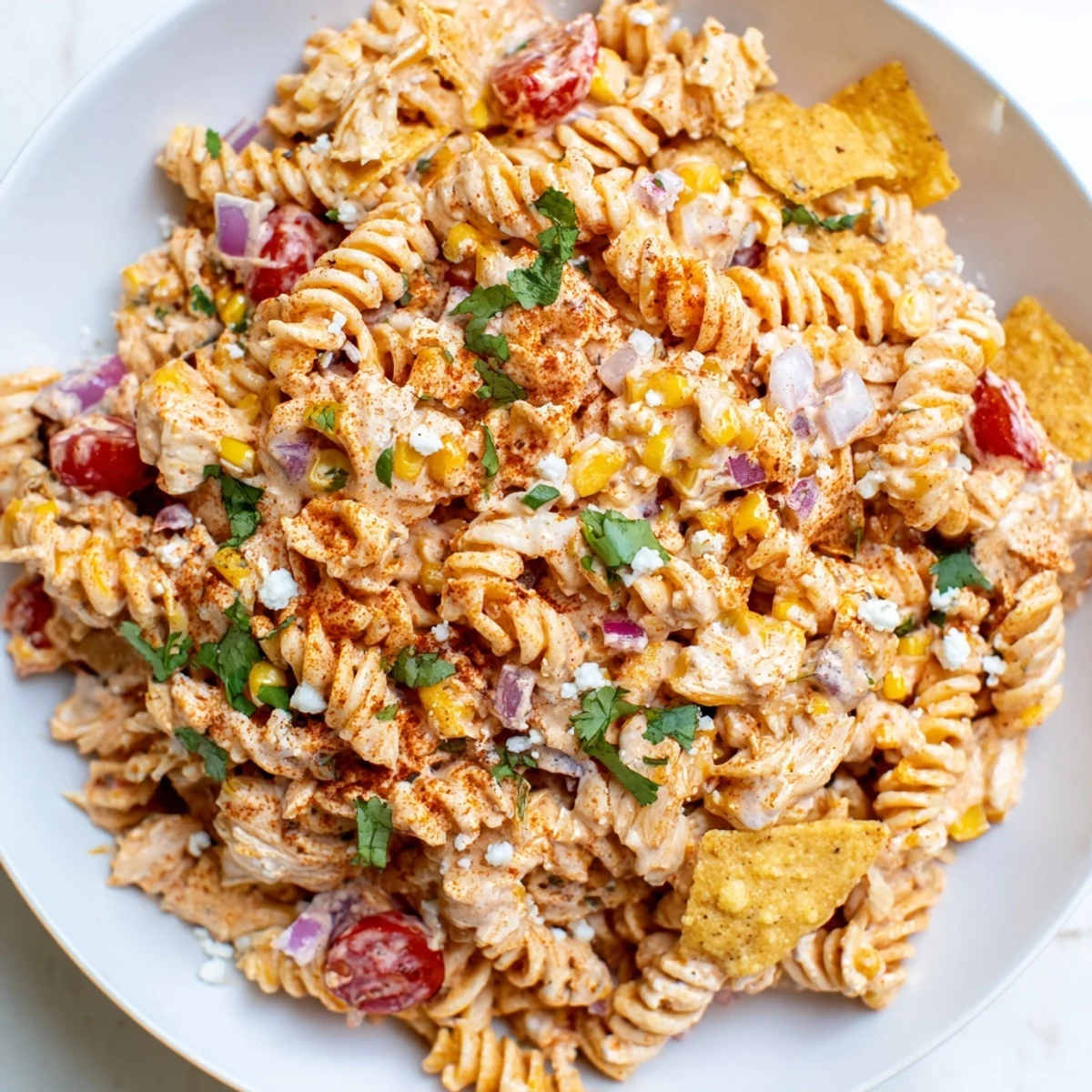 Vibrant Elote Mexican Street Corn Chicken Pasta Salad loaded with charred corn, juicy tomatoes, and crumbled Cotija