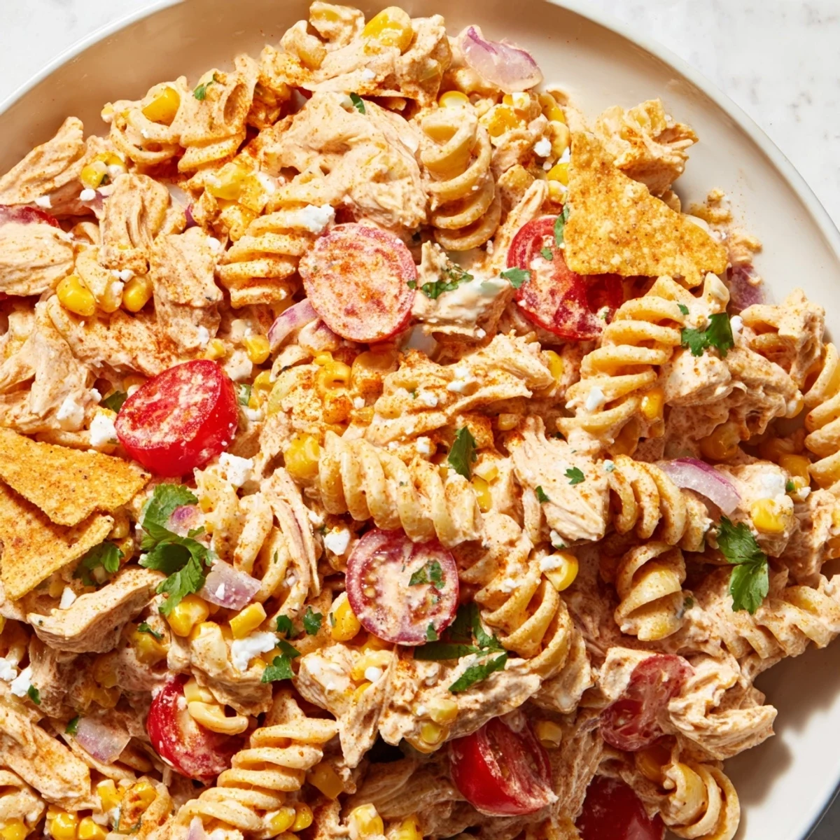 A close-up of Elote Mexican Street Corn Chicken Pasta Salad glistening with tangy lime chili dressing