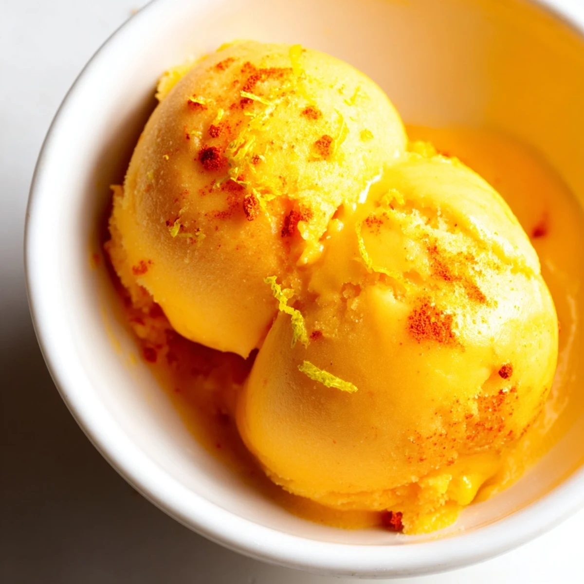 Velvety creamy chili lime mango sorbet topped with a dusting of chili powder