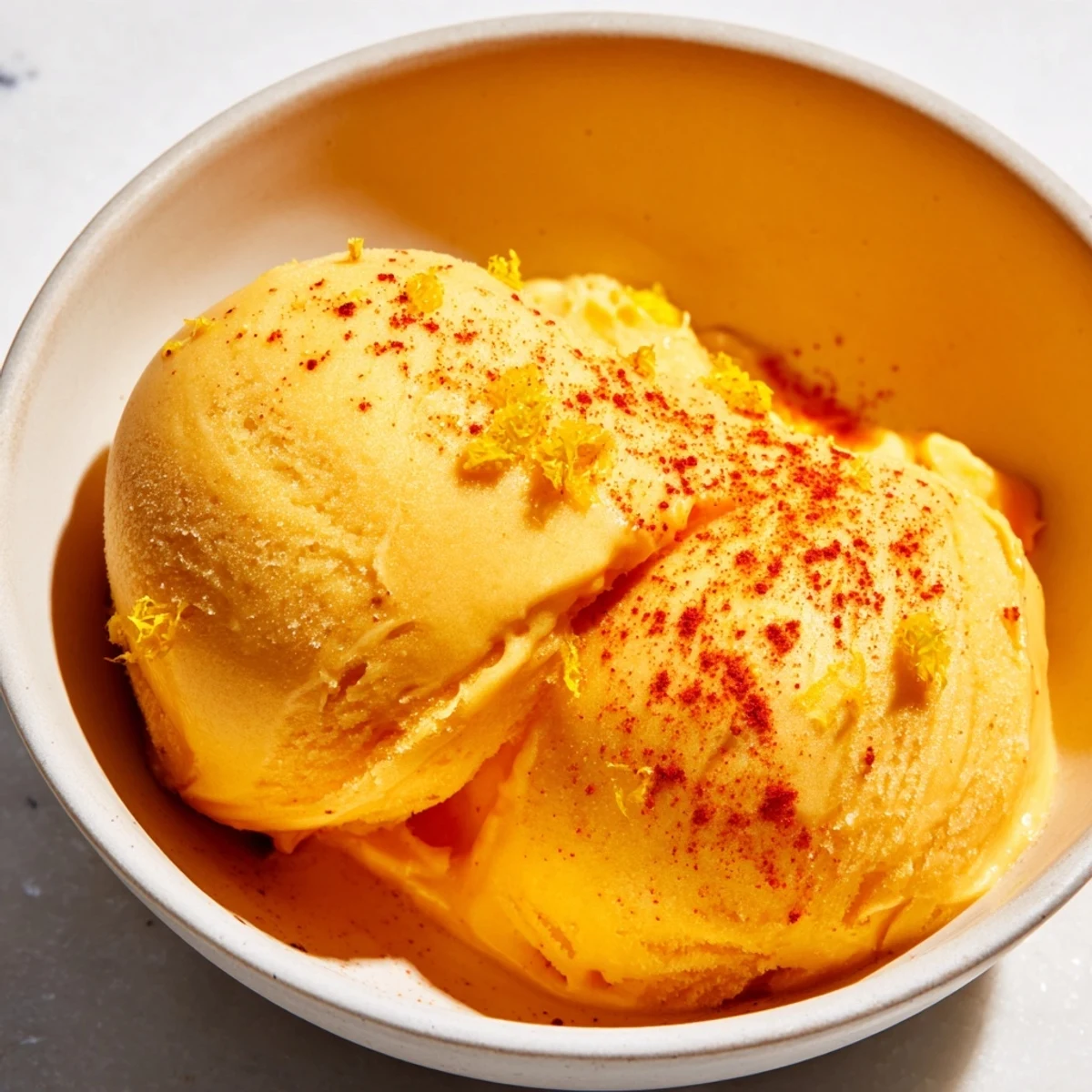 Creamy chili lime mango sorbet scooped into golden mango bowls with lime zest