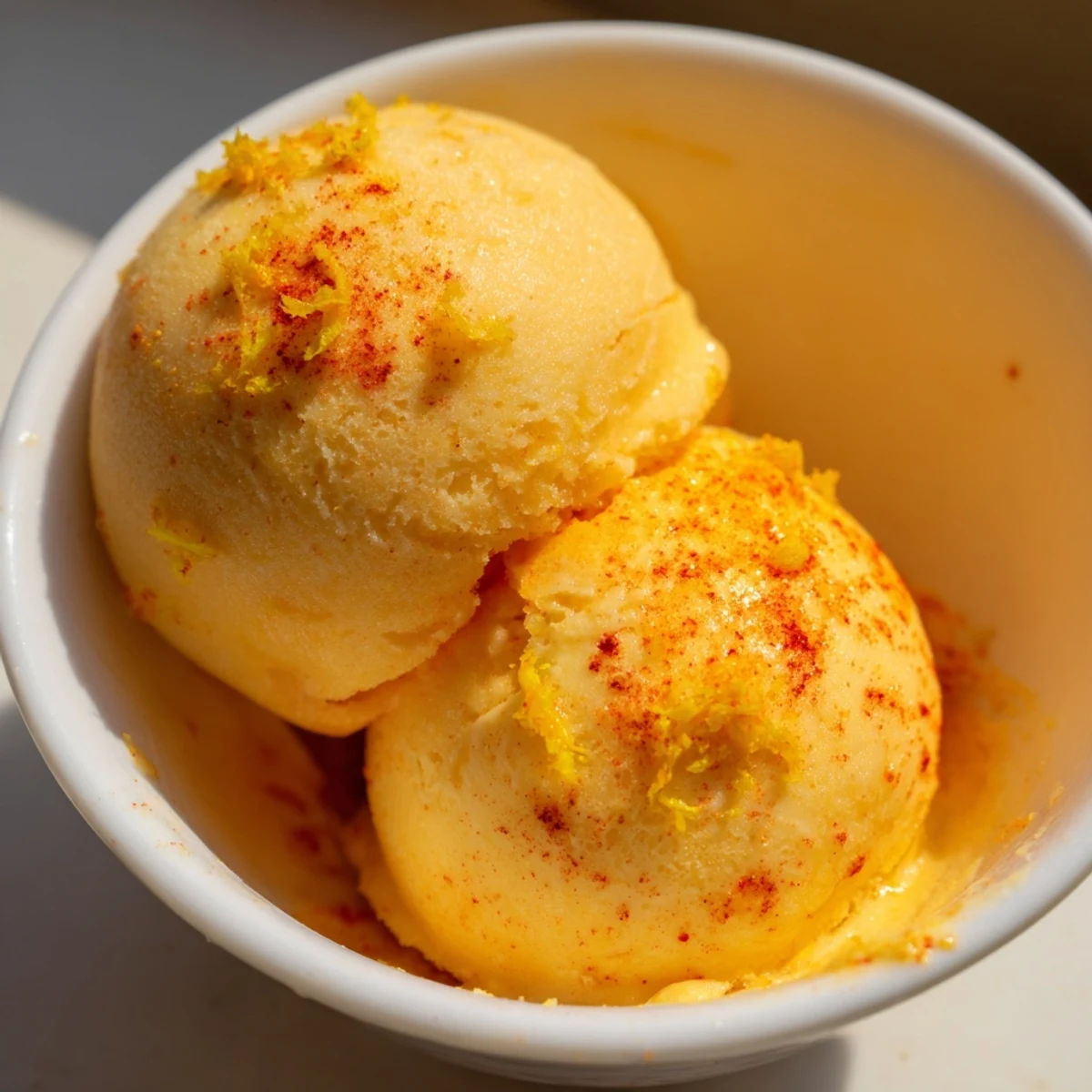 Smooth creamy chili lime mango sorbet served in coconut shells with fresh lime wedges
