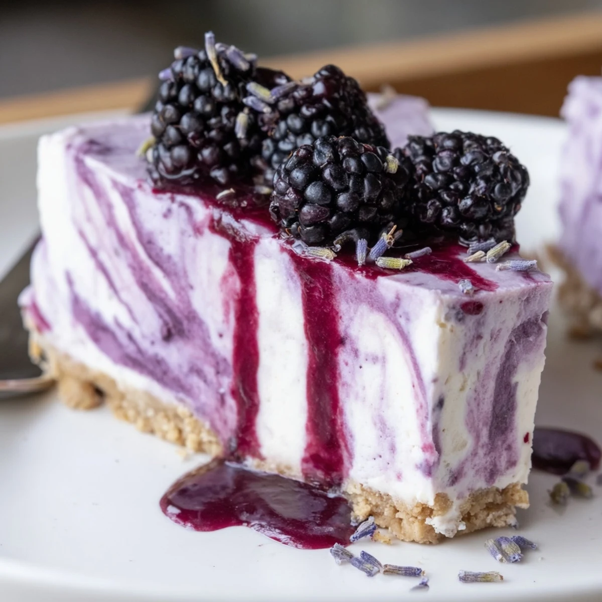 Purple-hued blackberry lavender cheesecakes topped with fresh berries in paper liners