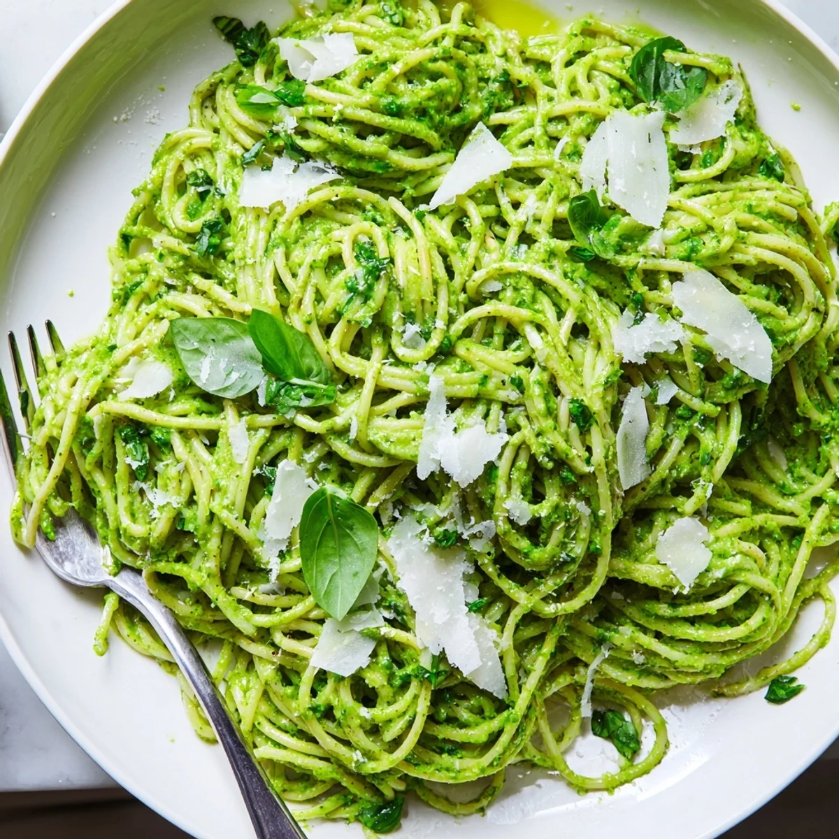 Creamy green goddess pasta sauce clings to strands of al dente spaghetti in a rustic bowl