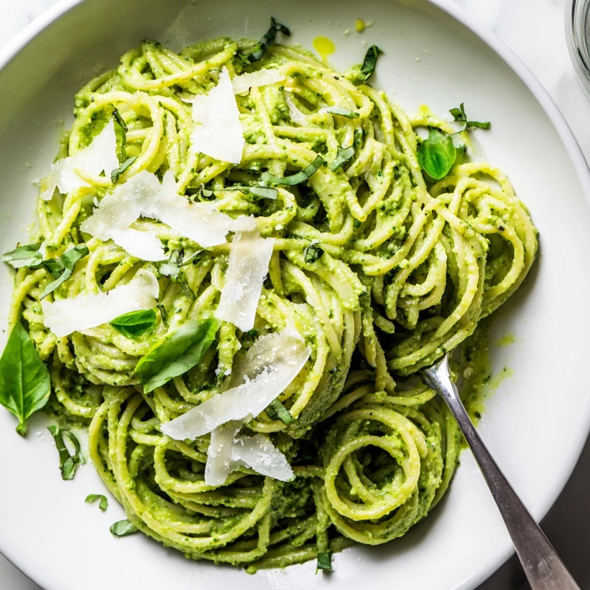 Luscious green goddess pasta sauce served in a white bowl drizzled with golden olive oil