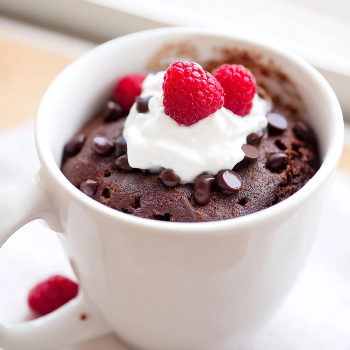Decadent gluten free chocolate mug cake topped with whipped cream and fresh raspberries
