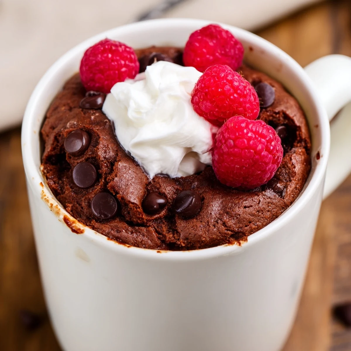 Rich gluten free chocolate mug cake steaming in a white ceramic mug ready to eat