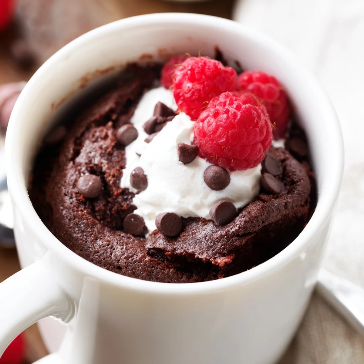 Single serve gluten free chocolate mug cake with gooey center and melted chocolate chips