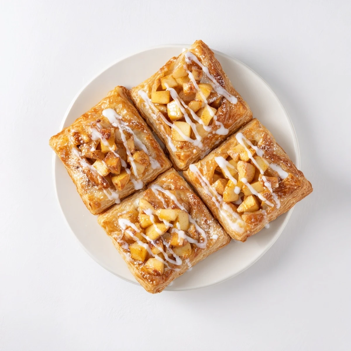 Flaky pastry baking on a sheet pan with cinnamon apple and cheese center