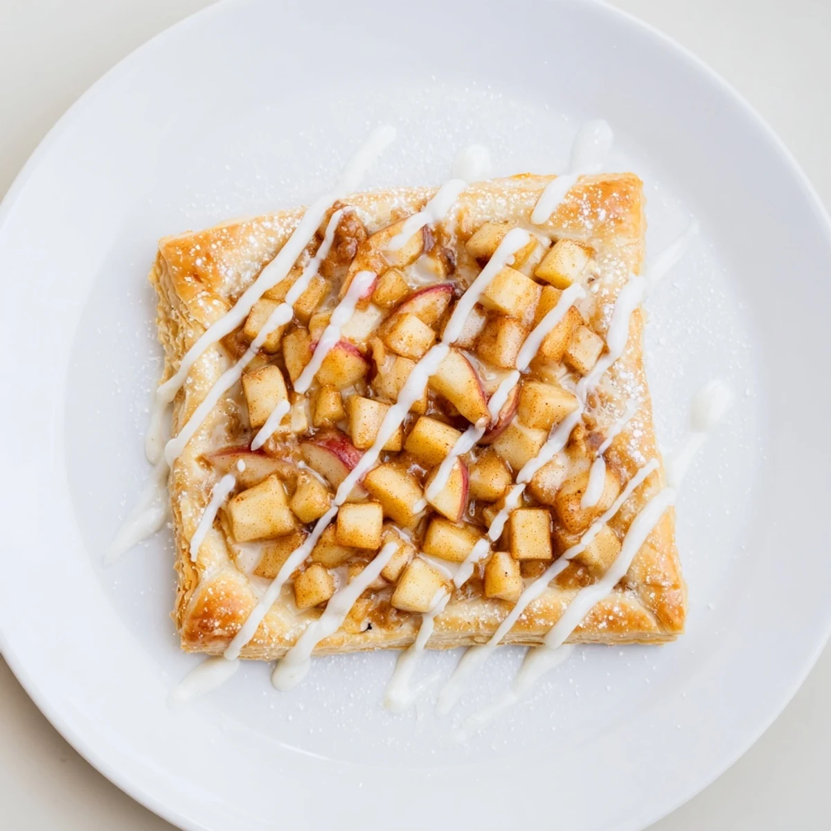 Close up of delicious apple cheese danishes drizzled with white glaze on a plate