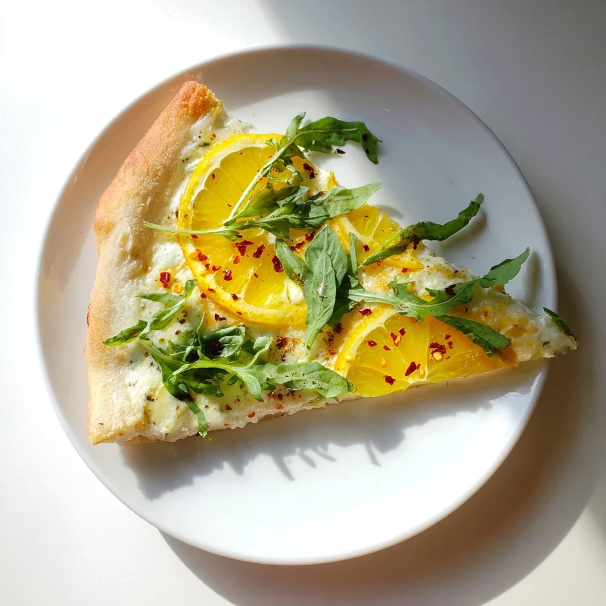 Golden brown zesty summer lemon pizza topped with fresh arugula and basil.