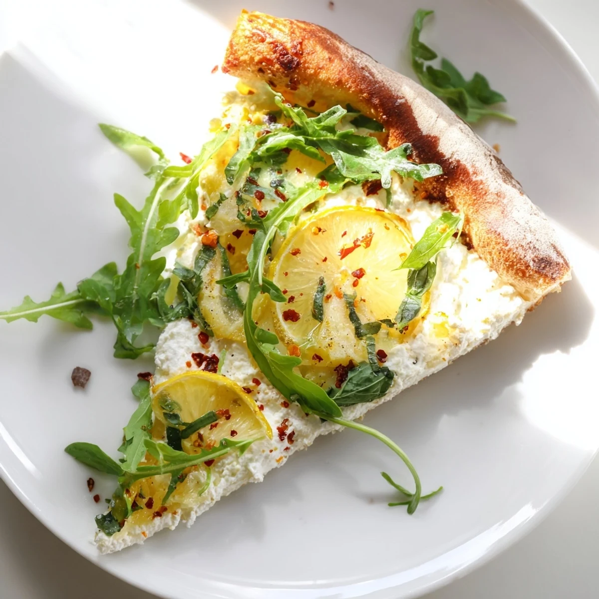 Wooden board serving a zesty summer lemon pizza recipe with red pepper flakes.