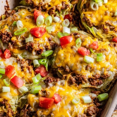 The Easy Crispy Cabbage Burger Bake sits in a ceramic dish, topped with sesame seeds, diced tomatoes, and sliced pickles.  