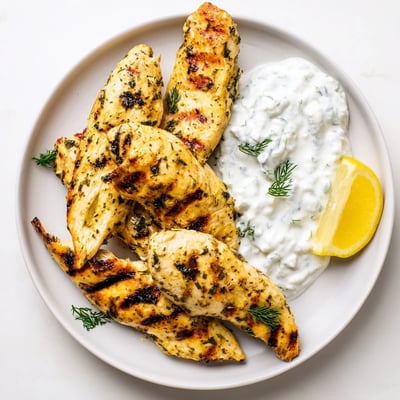 Golden-brown Delicious Greek Chicken Tenders served with lemon wedges and fresh dill garnish for a flavorful meal.