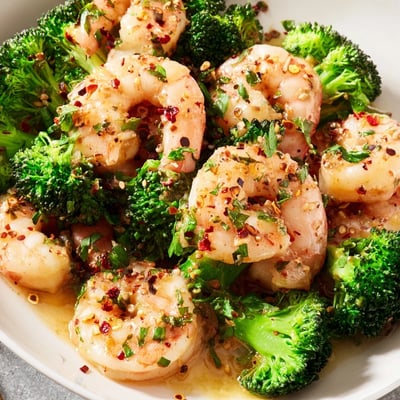 Fresh broccoli florets and juicy Honey Garlic Butter Shrimp & Broccoli served over fluffy white rice.