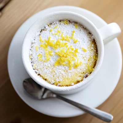 A freshly microwaved Lemon Cottage Cheese Mug Cake with visible lemon zest and a dollop of yogurt.