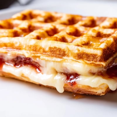 Freshly grilled sweet waffle grilled cheese oozing cheese and preserves beside a glass of cold milk.  