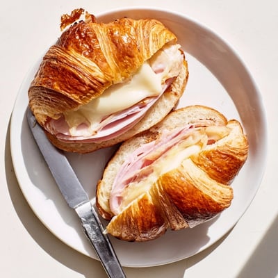 A golden-baked Ham and Cheese Croissant with savory ham and rich melty cheese on a rustic wooden serving board.