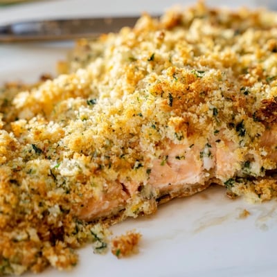 A close-up view of Irresistibly Crispy Parmesan Salmon, showing flaky fish beneath a savory Parmesan and herb crust.