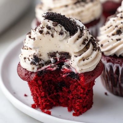 Soft red velvet Oreo cupcakes with swirls of tangy cream cheese frosting and chocolate crumbs