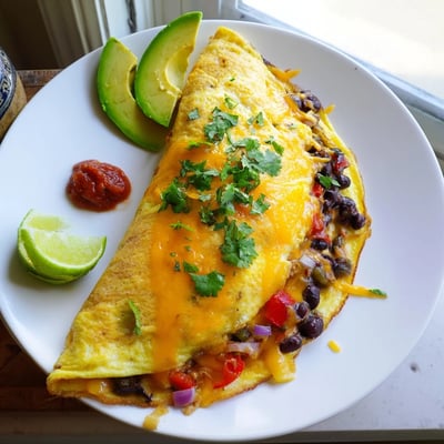 Fluffy Mexican omelette topped with creamy avocado slices and vibrant cilantro