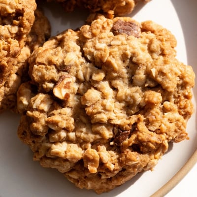 Soft chewy banana oatmeal cookies stacked on a wire rack with visible oats throughout