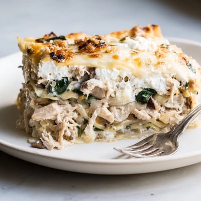 White chicken lasagna slice served on a plate with gooey melted cheese
